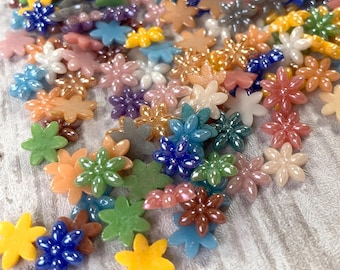 200 pcs glass flower cabochons for mosaics, opaque pearlized glass flowers, mixed color flat back cabochons for jewelry, floral glass accent