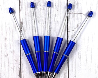 5 beadable blank ballpoint pens, DIY beadable pens with black ink, coworker gifts, blue, silver, gold, red or black (D0166)