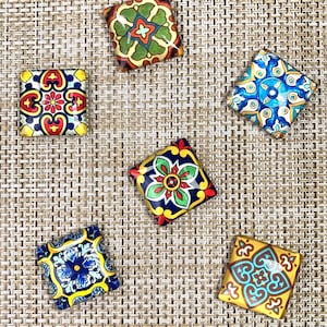 6 square glass tile magnets for fridge, Moroccan and Talavera inspired prints, random assortment, gift for coworker
