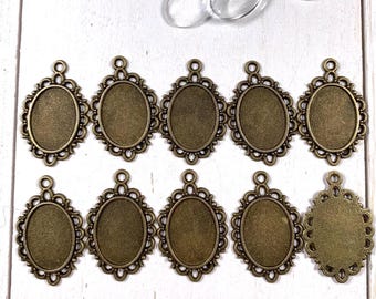 Oval pendant settings w/ glass cabochons, antique bronze cabochon tray frame for DIY jewelry, bezel settings for earrings, 30mm, 10 sets
