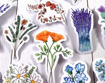 Flower sticker pack, assorted waterproof PVC stickers, boho chic floral bundles, flower head stickers for junk journals, scrapbooking, 48-50