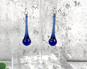 Blue glass raindrop earrings, cobalt blue glass teardrop dangle earrings, minimalistic water droplet jewelry glass anniversary gift for wife