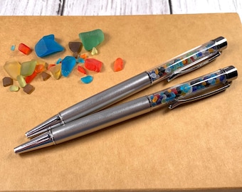 Set of 2 sea glass pens with cultured sea glass, for ocean journal or wedding guest book, for beach lover, holiday coworker gift with pouch