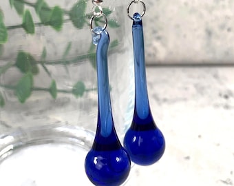 Blue glass raindrop earrings, cobalt blue glass teardrop dangle earrings, minimalistic water droplet jewelry glass anniversary gift for wife