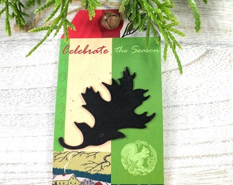Woodsy oak leaf ornament gift tag, celebrate the season oak leaf tag for gift, rustic metal cutout and bell, reuse as tree ornament 4.5x2.5"