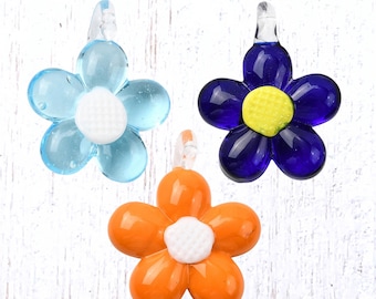 Lampwork glass flower pendant, 1 pc, 30x23mm w/ glass bail, three color options