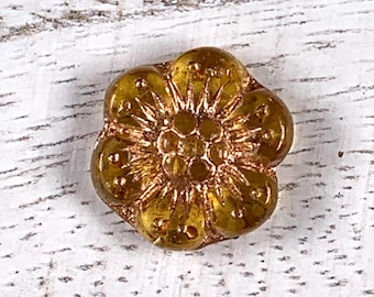 Czech glass amber with copper wash flower beads, boho floral beads for jewelry, wild rose beads, anemone flower, for crafts, 13.5mm 20 pc