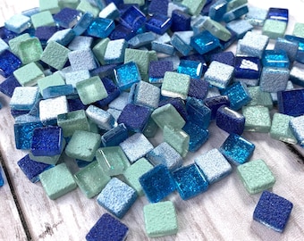 Square glitter glass mosaic tiles, 10 mm glass for DIY Turkish lamps, shades of blue color palette, ocean mosaic supplies, approx. 210 pcs