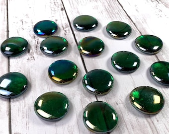 Jumbo iridescent emerald green glass gems, glass garden stones, mosaic glass cabochons, vase filler, table scatter, approx. 32mm, 15 pc