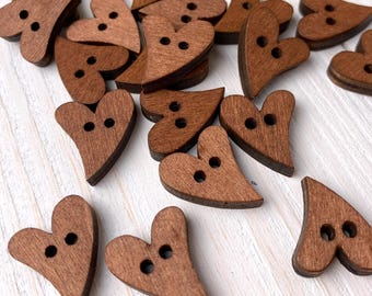 20 wood heart buttons for crafts, 2-hole stained wood hearts, cute embellishments for button art, sewing, cards, scrapbooking, 18.5x16.5mm