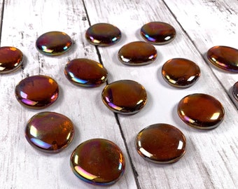 Jumbo iridescent deep orange glass gems, glass garden stones, mosaic glass, glass cabochons, vase filler, table scatter, approx 32mm, 15 pc