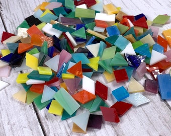 Glass mosaic tiles, stained glass for crafting, assorted colors, shapes and size, bold color palette, geometric art mosaic supplies, 200 pcs