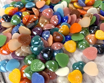 200 pcs porcelain glass heart cabochons for mosaics, opaque pearlized glass hearts, mixed color flat back cabochon for jewelry, glass accent