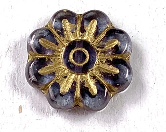 6 Czech glass daisy beads, large 18mm flower focal, purple with golden wash finish, high quality Bohemian crystal beads for jewelry making