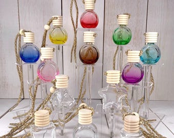 Set of 5 empty diffuser bottles, DIY hanging car freshies, small bottle diffusers for essential oils, fillable pendant air freshener w/ cord