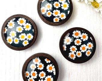 Glass daisy magnets, 1.1" round set of 4, daisy print with wood setting for fridge, whiteboard, cheerful gift for coworker