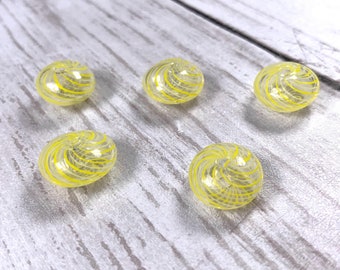 Yellow striped blown glass beads, hollow glass rondelle beads for necklaces, pretty glass focal beads for earrings, double hole, 15mm, 5 pcs