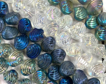 Glass shell beads, ocean themed blue or clear clam shell beads for necklace bracelet, beachy jewelry making beads 14mm x 11mm, 32 or 50 pcs