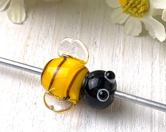 5 lampwork bumble bee beads, cute glass bee focal beads for jewelry making and beadable blanks, 16mm 3D yellow and black honey bee beads