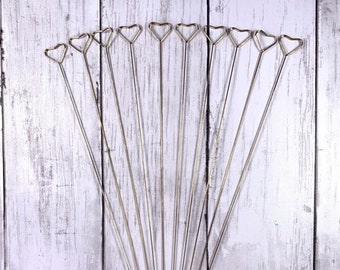 Set of 10 golden stakes for centerpiece pick with heart, 11.75" beadable blanks for plant stakes, DIY memo, photo, card holder for bouquets