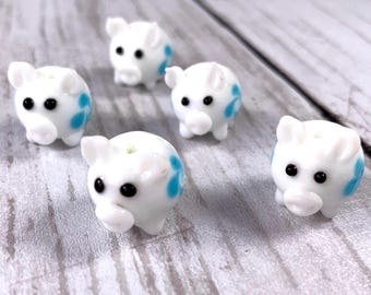 Glass pig beads lampwork beads, white pig beads for jewelry making, lampwork animal beads, unique beads for crafts, DIY piggy gifts 5 pcs