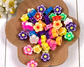 Polymer clay flower beads for crafts, bright assorted color flower shaped beads, cute beads for bracelets, 11-12mm with 2mm hole, 50 pcs