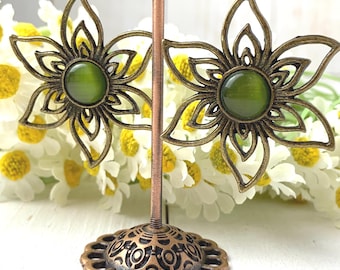 Boho antique bronze flower earrings with cat eye glass stones, mandala style sun earrings with kidney ear wires, 2.5" length, color options