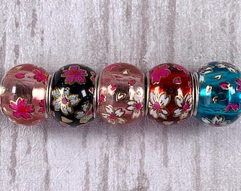 Large hole glass rondelle beads, floral printed with metal core for DIY fairy wand or garden stake, European glass specialty beads, set of 5