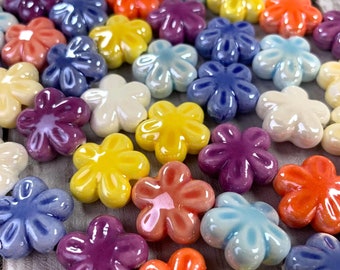Porcelain flower beads for necklace or earrings, pearlized mixed color ceramic large 17mm flower beads, jewelry making bead supplies, 18 pcs