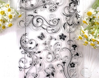 Floral vines and butterflies stamp set, 9 silicone stamps leafy, floral vines and scroll accents, scrapbooking, planner, junk journal, cards