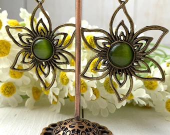 Boho antique bronze flower earrings with cat eye glass stones, mandala style sun earrings with kidney ear wires, 2.5" length, color options