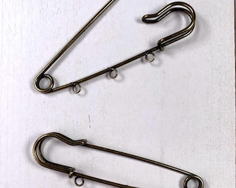 Set of 10 kilt pins with 3 loops, large 70mm/2.75" bronze colored safety pins for DIY brooches, beaded scarf pins, bridal bouquet charms