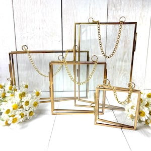 Hanging frame ornament for pressed flowers, empty brass frame DIY photo ornaments, rectangular or square, double pane floating frames