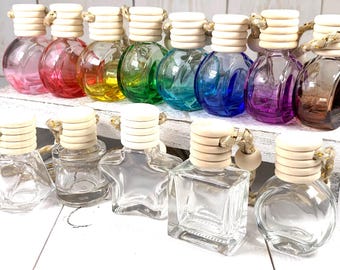 Set of 5 empty diffuser bottles, DIY hanging car freshies, small bottle diffusers for essential oils, fillable pendant air freshener w/ cord