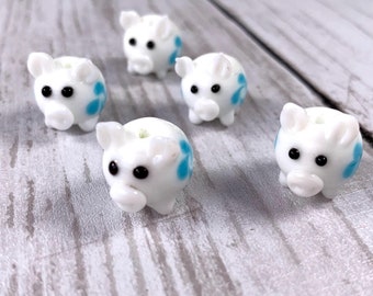 Glass pig beads lampwork beads, white pig beads for jewelry making, lampwork animal beads, unique beads for crafts, DIY piggy gifts 5 pcs