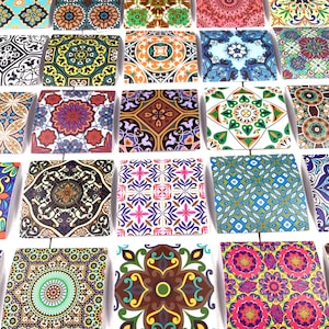 50 mini tile stickers, 1.75&quot; Moroccan style patterned square stickers, colorful boho accents for cards, scrapbooks, junk journals, laptop