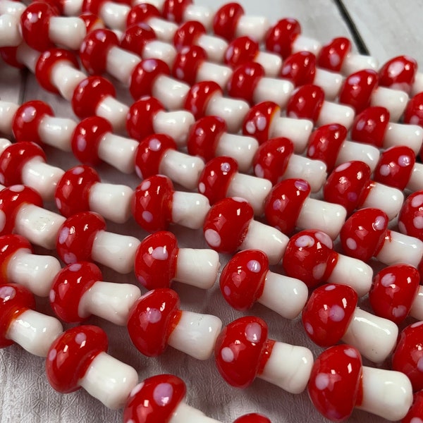 Red glass mushroom beads, toadstool lampwork glass beads, nature boho colorful beads for bracelets and necklaces, DIY boho jewelry, 25 pcs