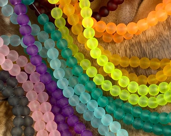 Sea glass bead strands, cultured sea glass for jewelry, frosted beads for rosary, round recycled glass beads for bracelets, 8mm, 98 pcs