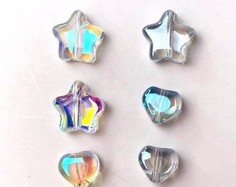 Color plated glass heart and star 6-8 mm bead set with box, AB glass bead craft supplies, small shiny beads for celestial crafts, 90 pcs