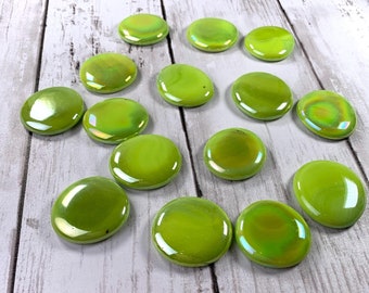 Jumbo iridescent lime green glass gems, garden stones, mosaic glass, glass cabochons, unique vase filler, table scatter, approx. 32mm, 15 pc