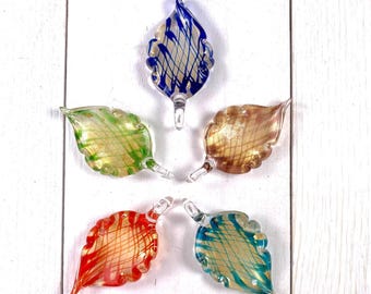 Lampwork glass leaf pendant, big glass charm for DIY nature inspired necklace and sun catchers, 2.3 x 1.2" with gold sand, choice of color