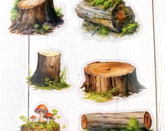 Forest theme sticker pack, 25 woodland die cut nature inspired PET stickers, animals, rocks, tree stumps, signs, transparent border 1.5-2.5"
