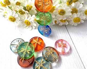 10 dragonfly coin beads, 17mm flat round glass beads with color wash and golden inlay for nature inspired crafts (A0051)