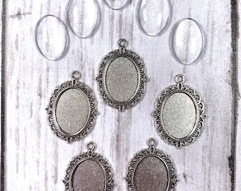 Oval pendant settings with glass cabochons, silver cabochon tray frame for DIY jewelry, bezel settings, earring making supplies, 28mm 5 sets