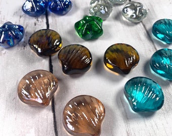 Glass gems seashell starfish assorted mix, ocean themed mosaic glass, beachy glass stones, stained glass supplies, glass cabochons, 15 pc