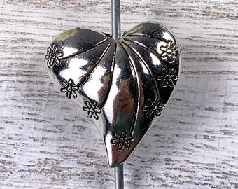 Puffy heart beads, alloy focal heart with flowers bead for jewelry, double sided metal bead, big 1.9mm hole beads, approx. 24x10mm, 5 pcs