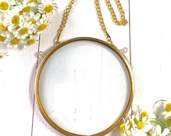 Round hanging floating frame for pressed flowers, 3.9" or 4.7" circle double pane glass frame, gold brass frame for DIY signs and ornaments