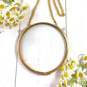 Round hanging floating frame for pressed flowers, 3.9&quot; or 4.7&quot; circle double pane glass frame, gold brass frame for DIY signs and ornaments
