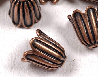 20 antique copper flower bead caps, 10x10 mm tulip style alloy floral tassel caps, Tibetan style nature-inspired bead accents for jewelry