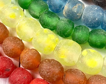 African recycled glass beads, 12-15mm frosted large hole Ghainian beads, for sea glass garland, macrame, and jewelry, 40-50 beads per strand